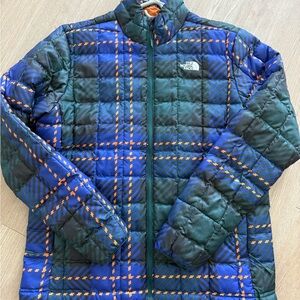 The North Face Men's Blue and Orange Plaid Puffer Jacket